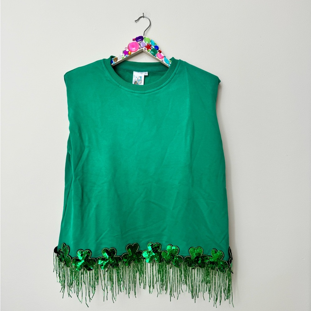 QUEEN OF SPARKLES QOS ☘️Shoulder Pad Green Shamrock Tank